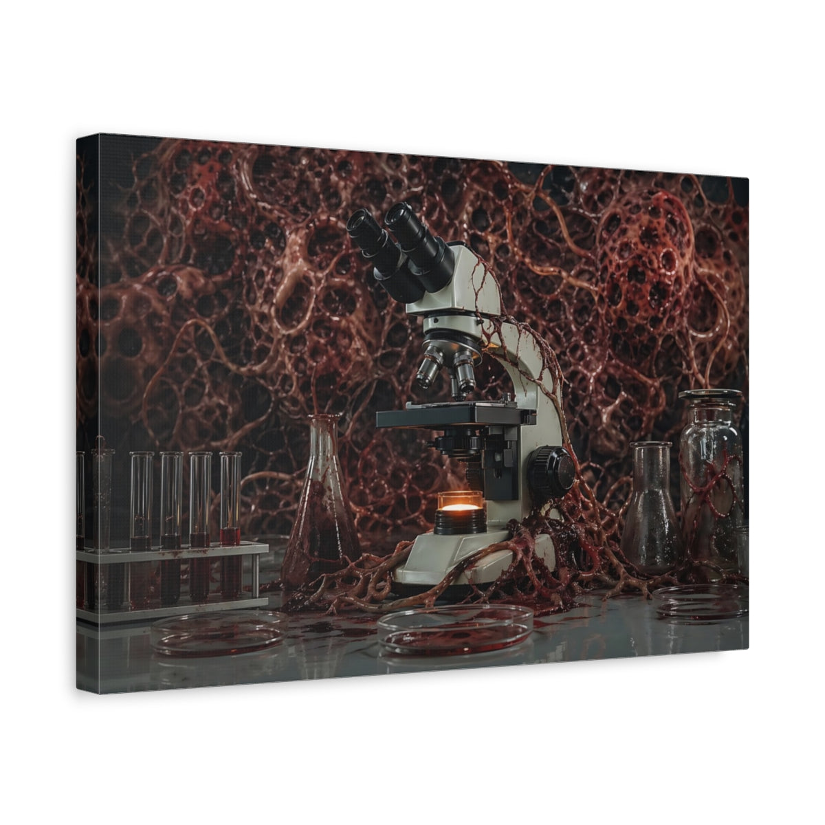 Side Mockup 4. Horror Microscope Red Horror Lab shown as stretched canvas wall art