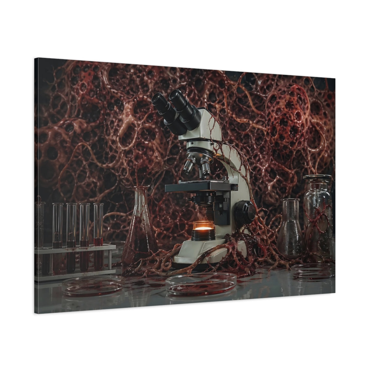Side Mockup 1. Horror Microscope Red Horror Lab shown as stretched canvas wall art