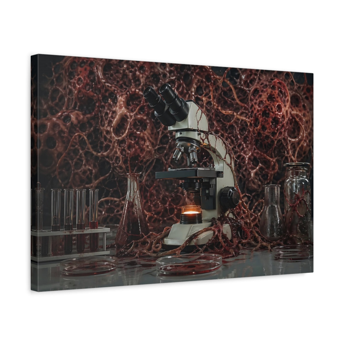 Side Mockup 3. Horror Microscope Red Horror Lab shown as stretched canvas wall art