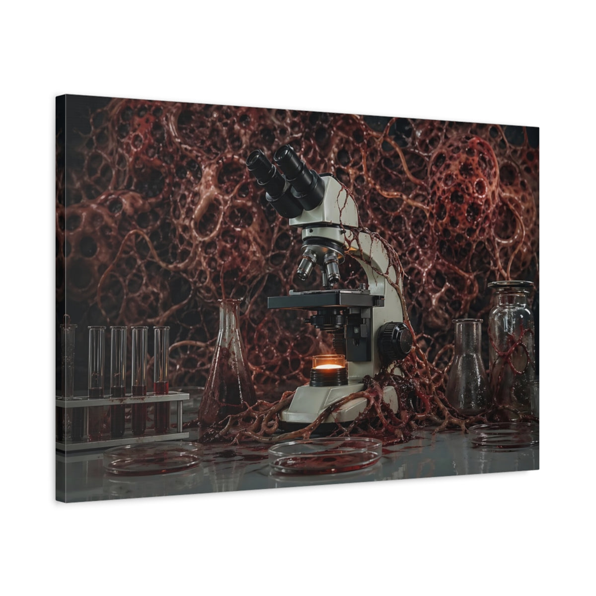 Side Mockup 2. Horror Microscope Red Horror Lab shown as stretched canvas wall art
