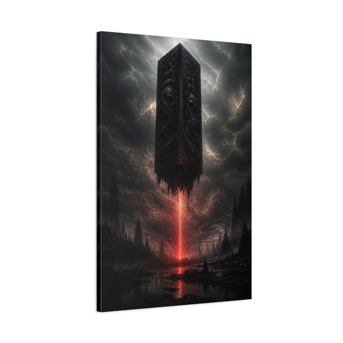 Main Mockup. Horror Monolith Red And Black shown as stretched canvas wall art