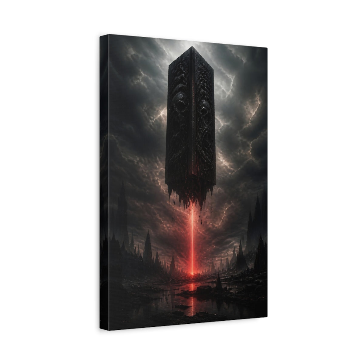 Side Mockup 4. Horror Monolith Red And Black shown as stretched canvas wall art