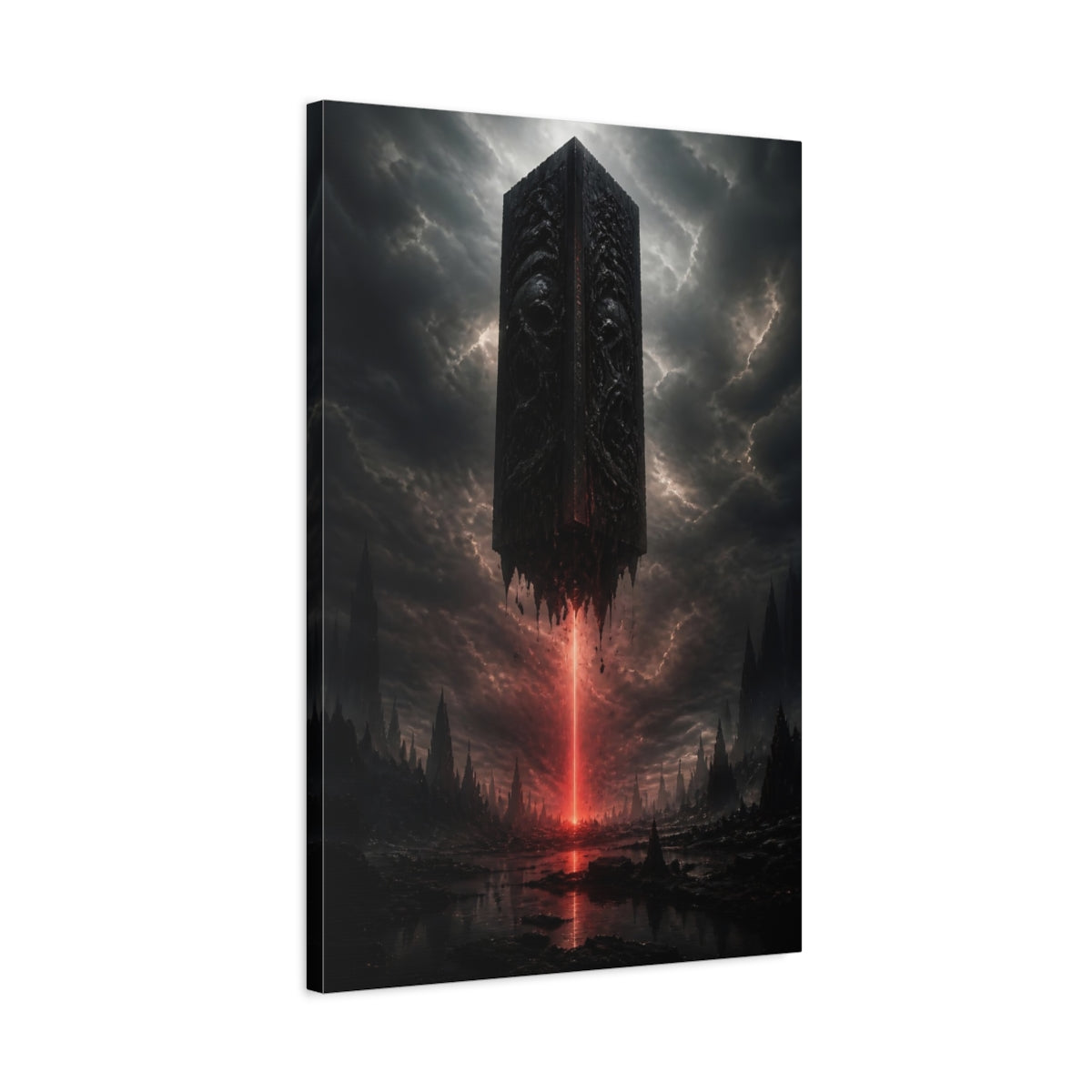 Side Mockup 2. Horror Monolith Red And Black shown as stretched canvas wall art