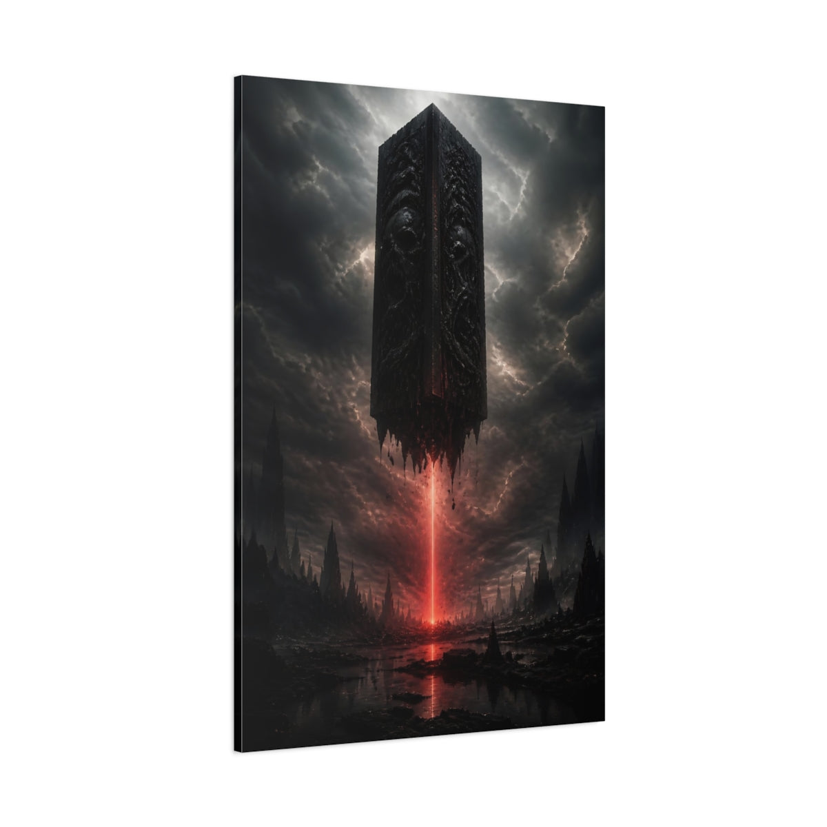 Side Mockup 1. Horror Monolith Red And Black shown as stretched canvas wall art