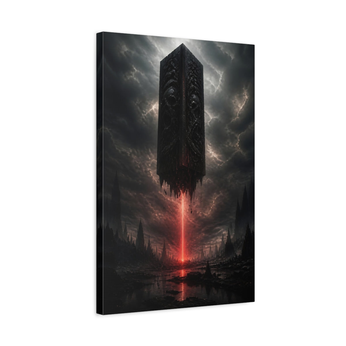 Side Mockup 3. Horror Monolith Red And Black shown as stretched canvas wall art