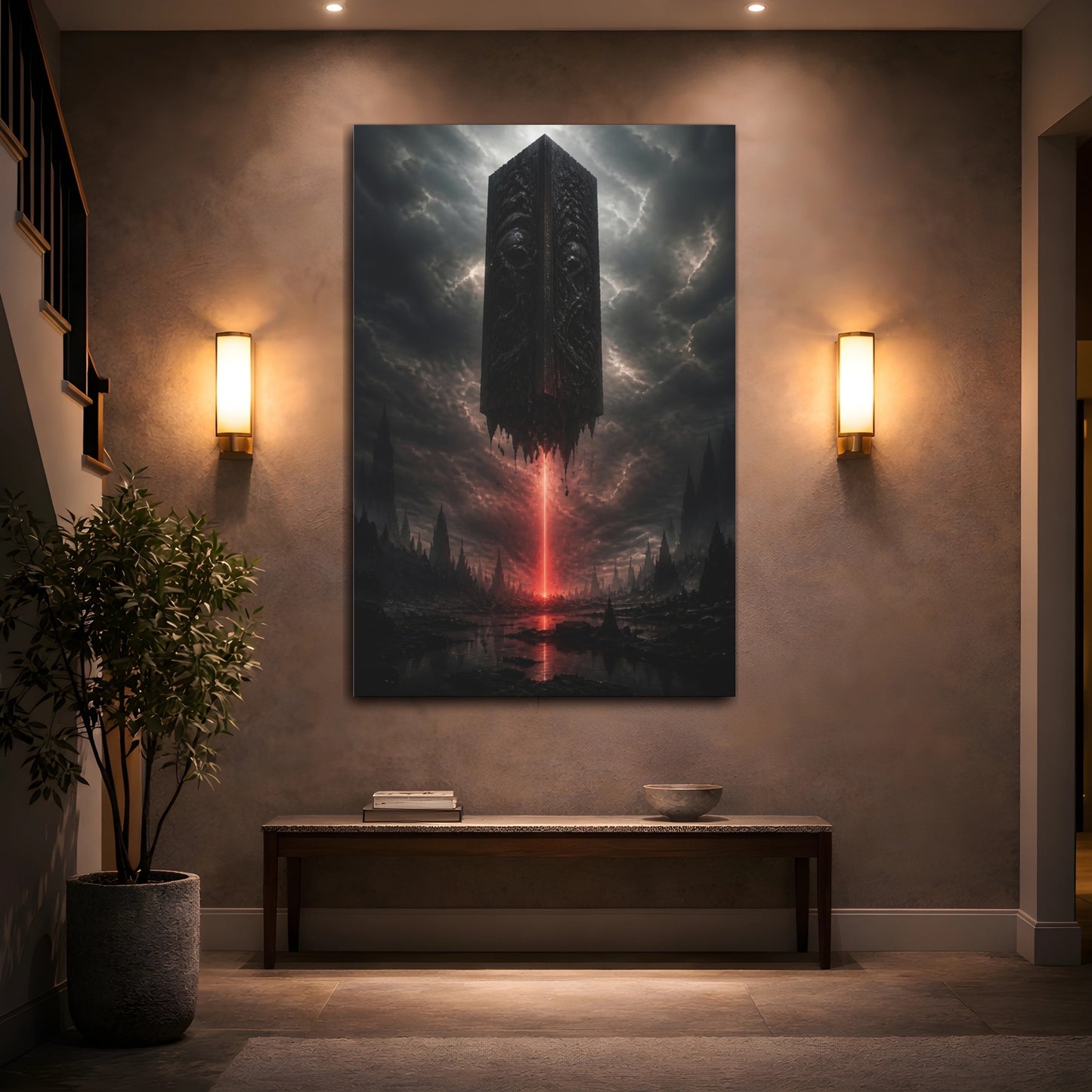 Mockup 2. Horror Monolith Red And Black shown as stretched canvas wall art