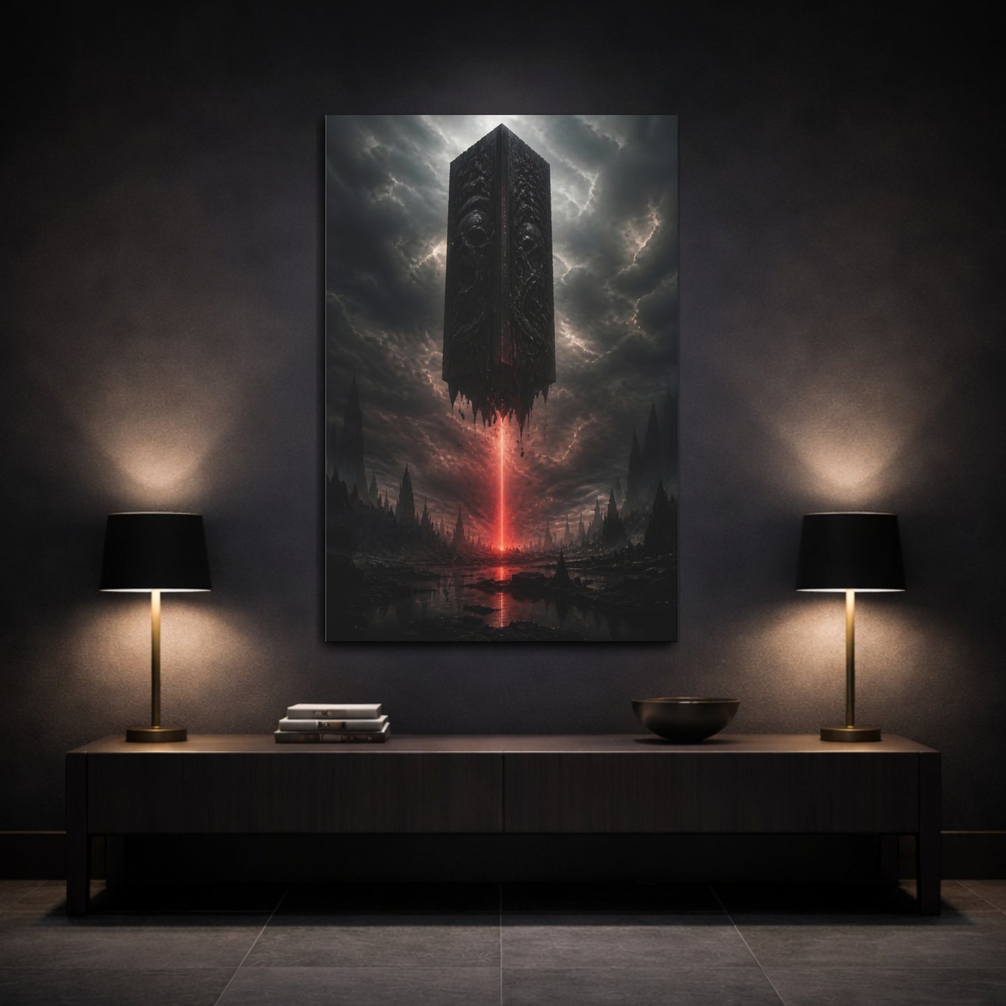 Mockup 3. Horror Monolith Red And Black shown as stretched canvas wall art