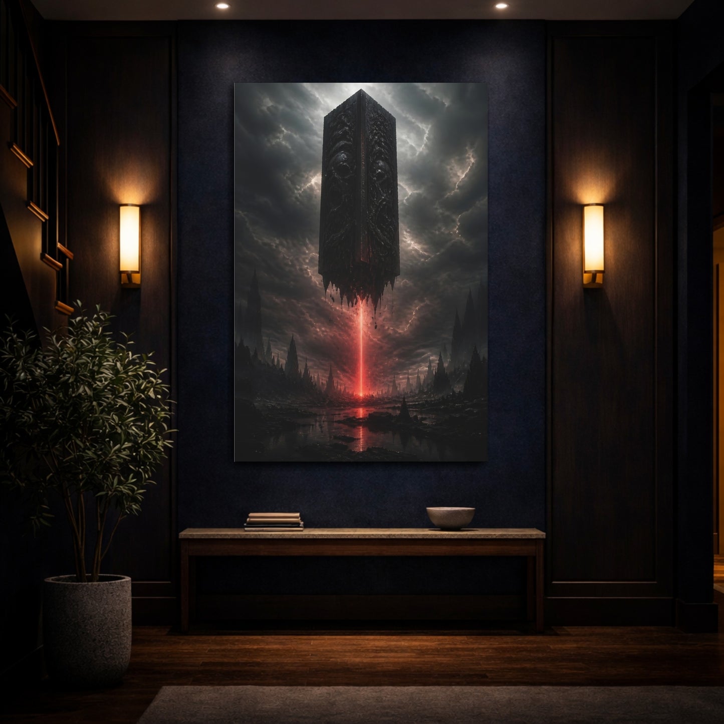 Mockup 4. Horror Monolith Red And Black shown as stretched canvas wall art