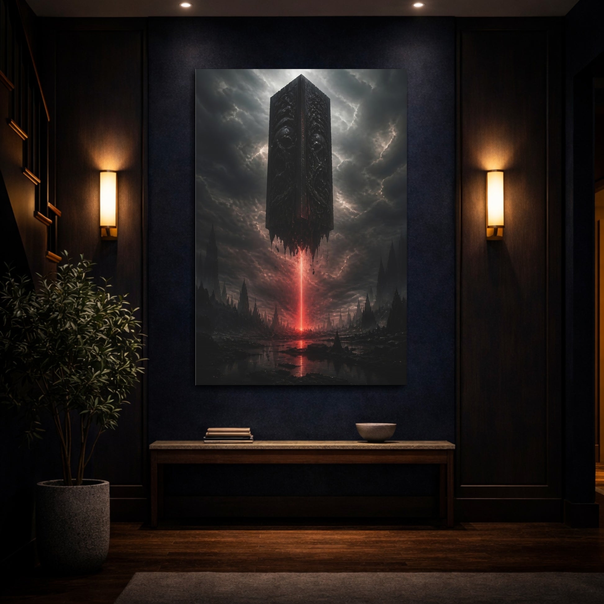Mockup 4. Horror Monolith Red And Black shown as stretched canvas wall art