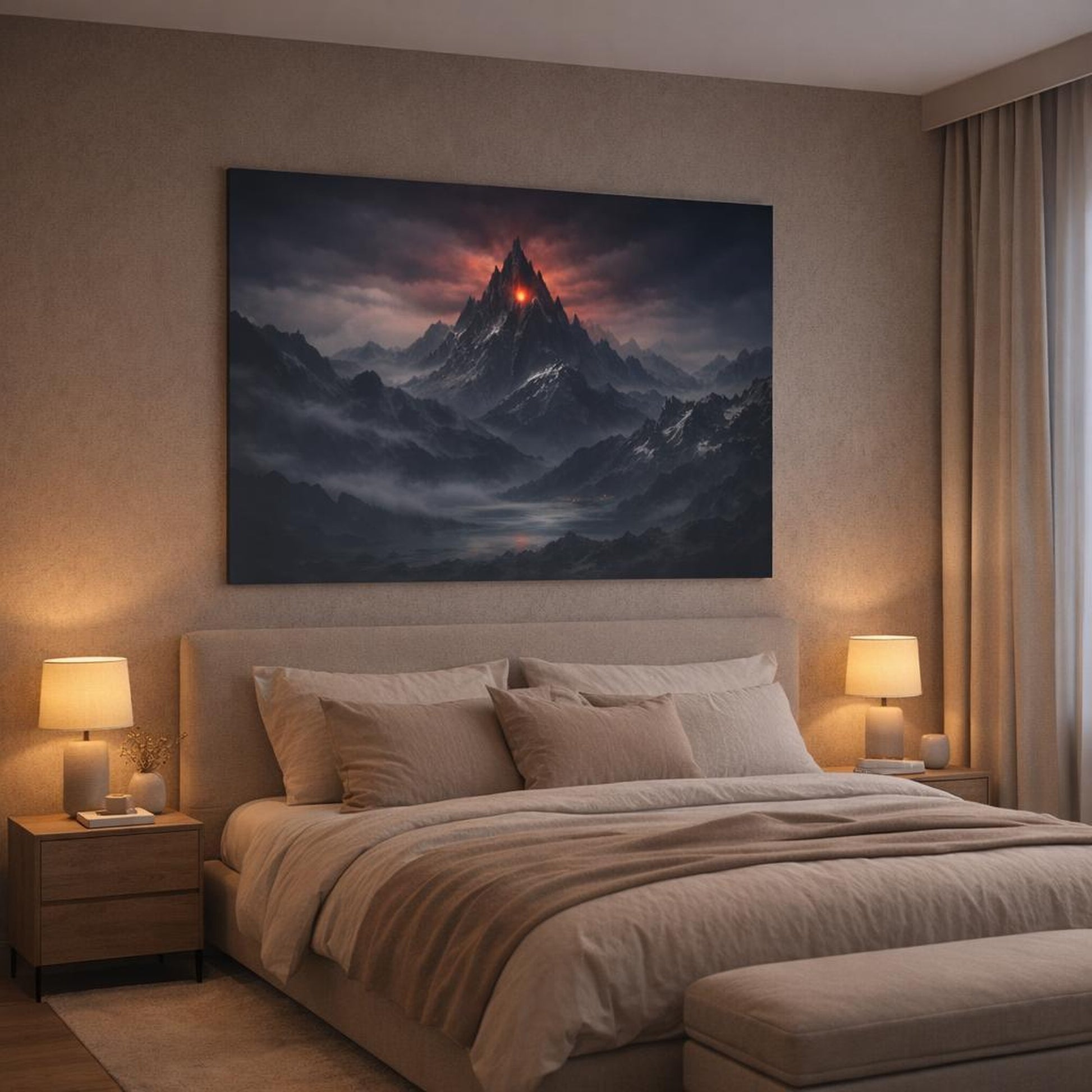Horror Mountain Range shown as canvas wall art in a luxury bedroom