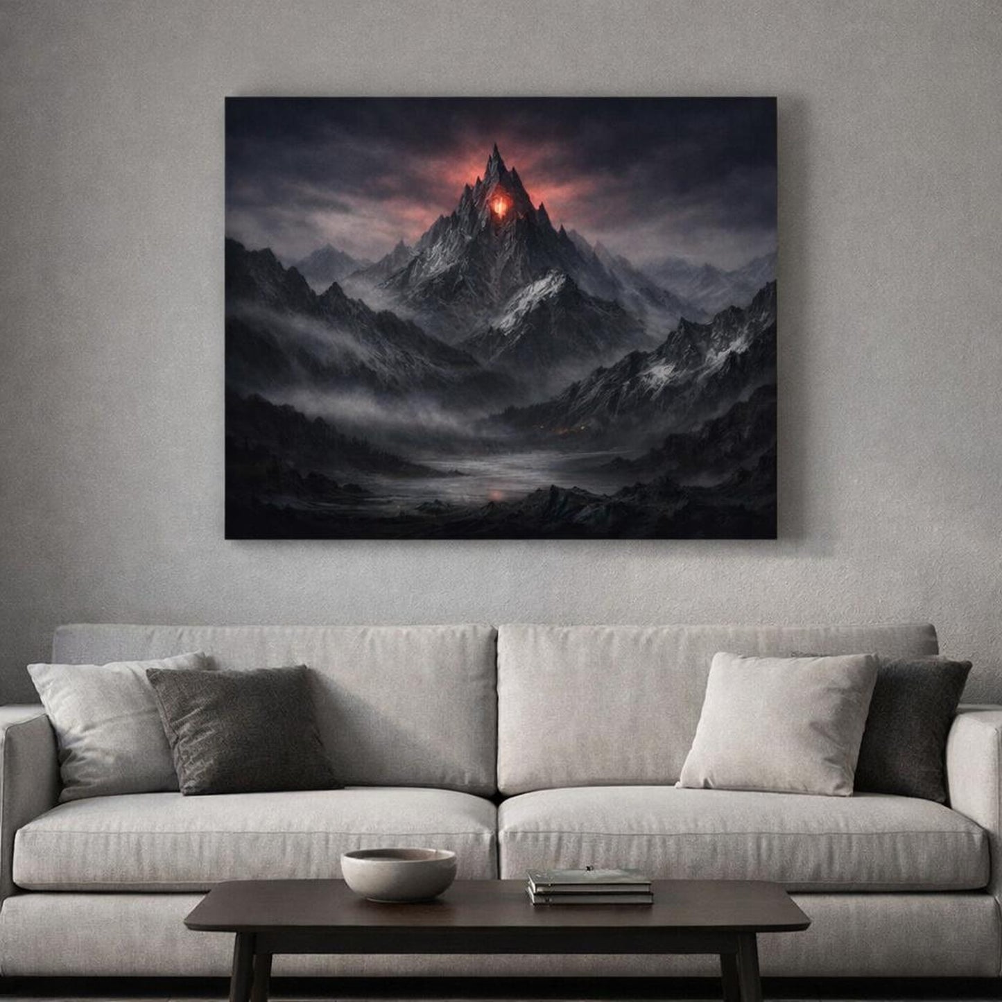 Horror Mountain Range shown as canvas wall art in a refined dining room
