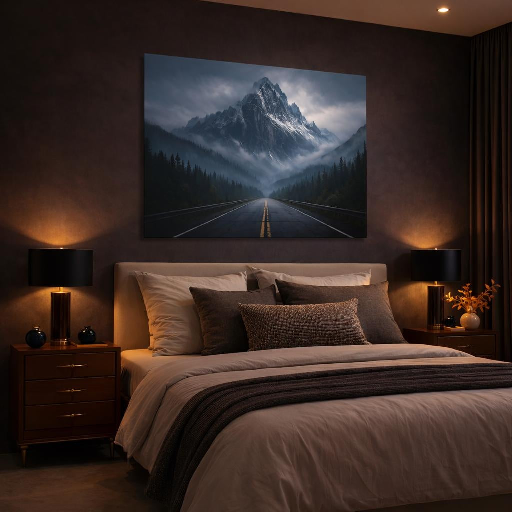 Horror Mountain Road shown as canvas wall art in a luxury bedroom