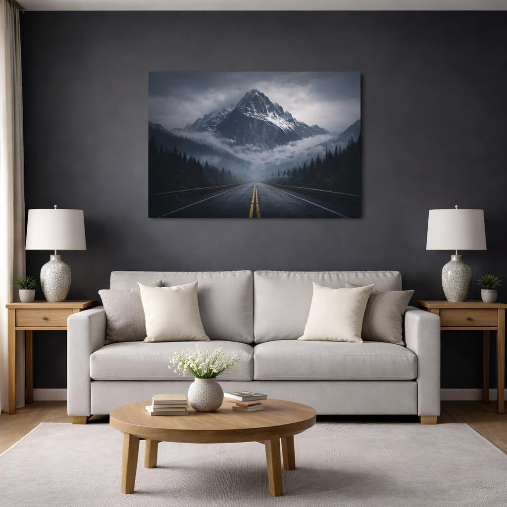 Horror Mountain Road shown as canvas wall art in a modern living room