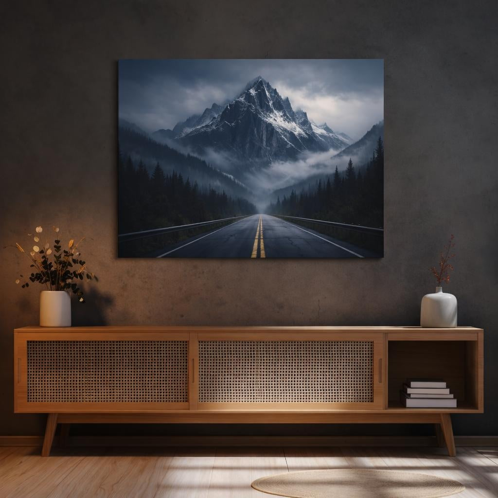 Horror Mountain Road shown as canvas wall art in a refined dining room