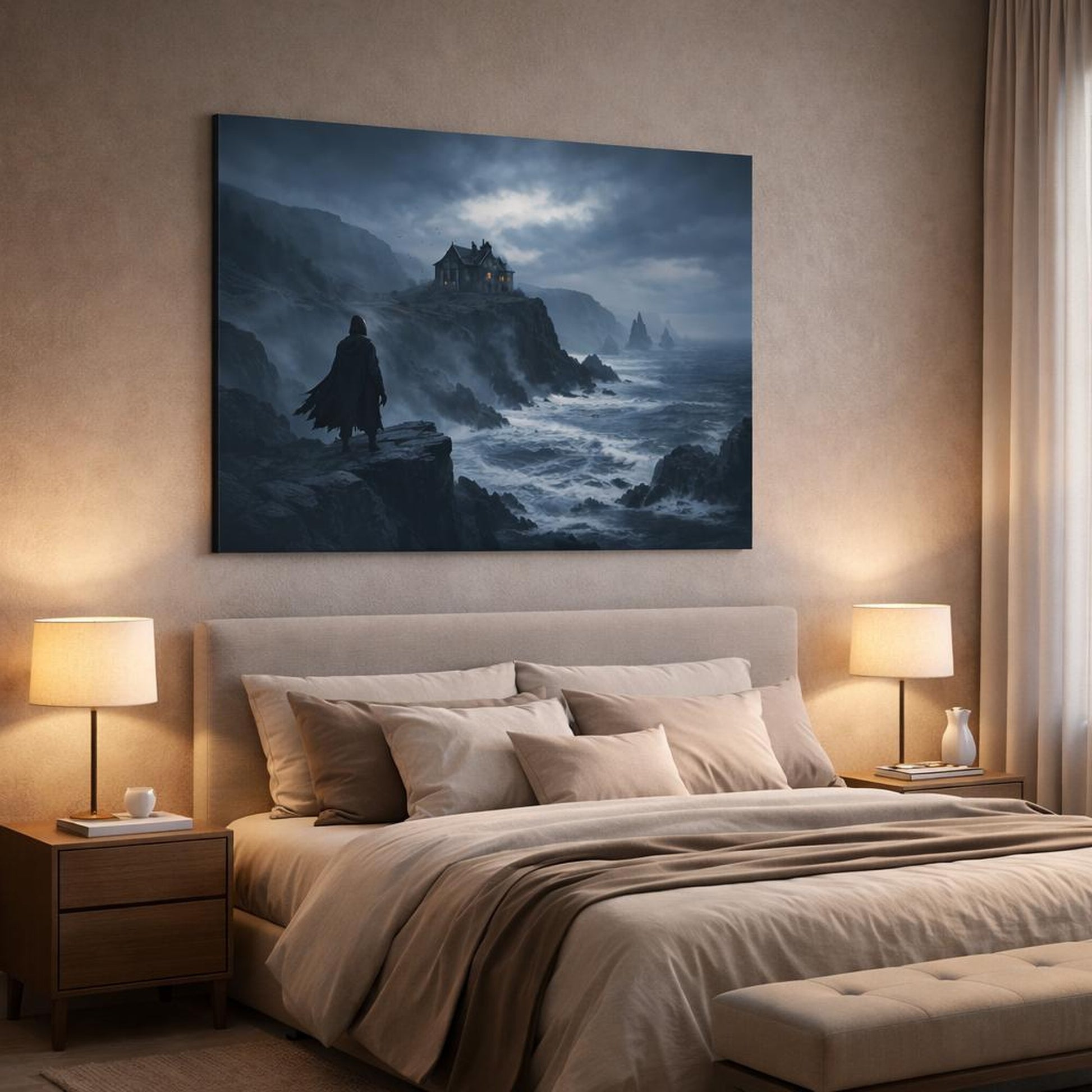 Horror Ocean Cliffs shown as canvas wall art in a luxury bedroom