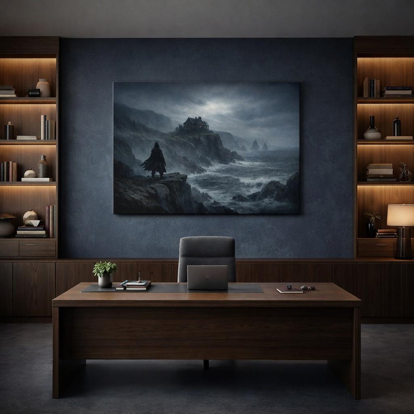 Horror Ocean Cliffs shown as canvas wall art in a refined dining room