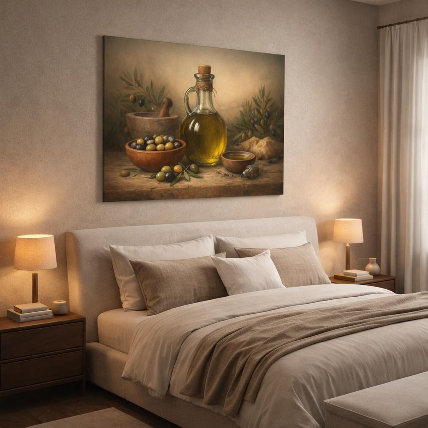 Horror Olive Oil shown as canvas wall art in a luxury bedroom