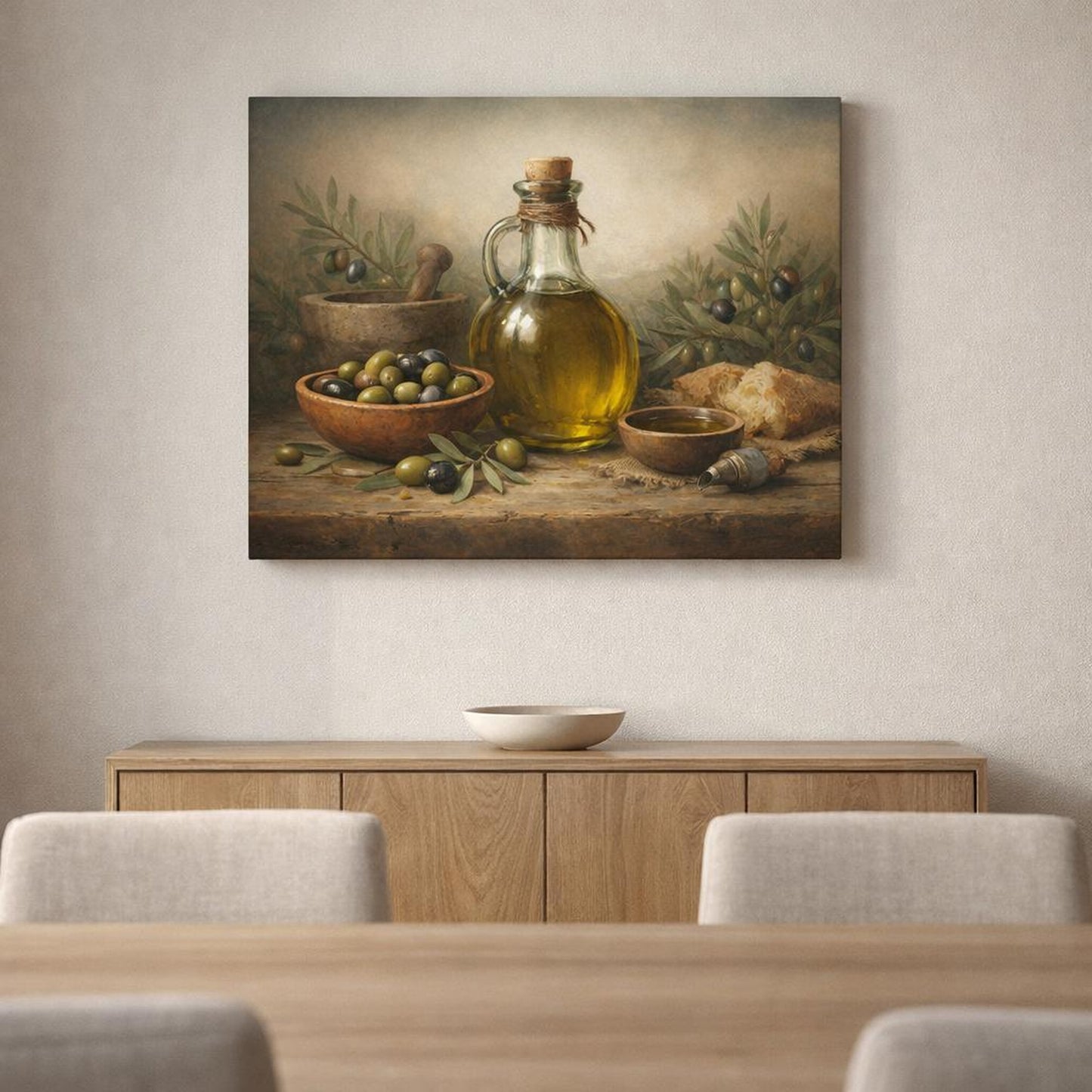 Horror Olive Oil shown as canvas wall art in a refined dining room