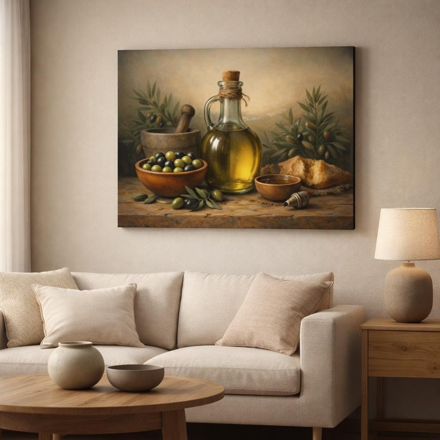 Horror Olive Oil shown as canvas wall art in a modern living room