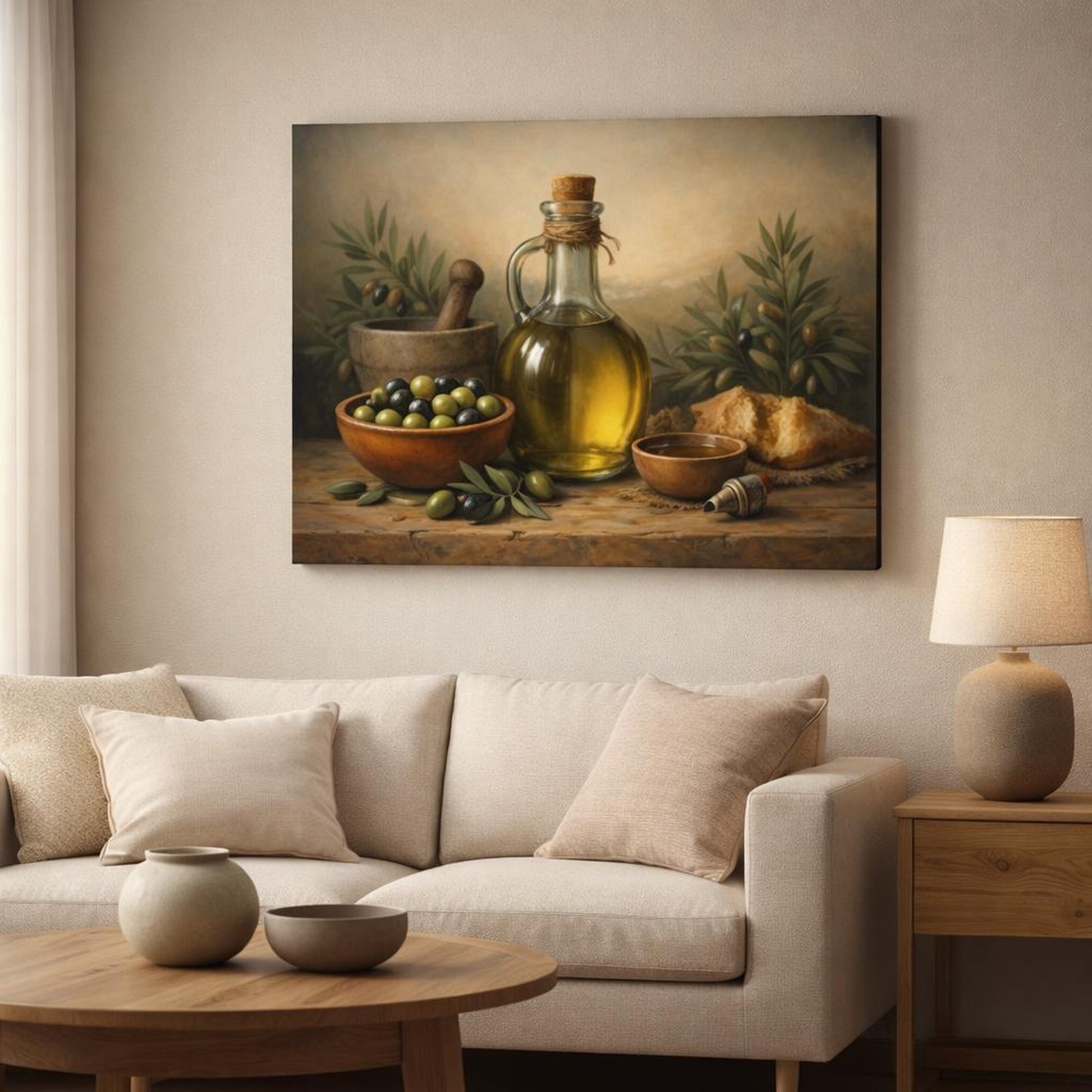 Horror Olive Oil shown as canvas wall art in a modern living room