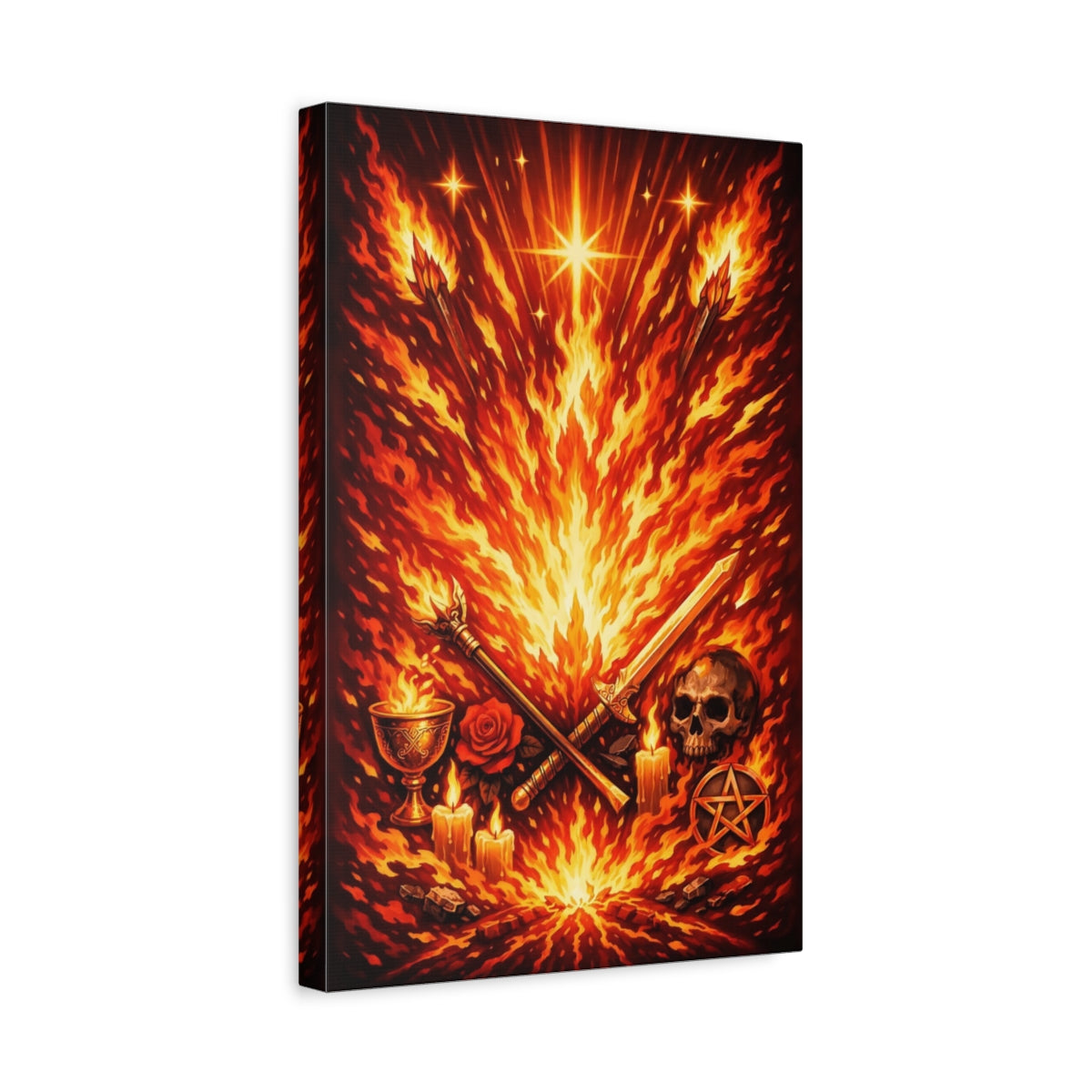 Side Mockup 4. Horror Ritual Fire Red Fire Art shown as stretched canvas wall art