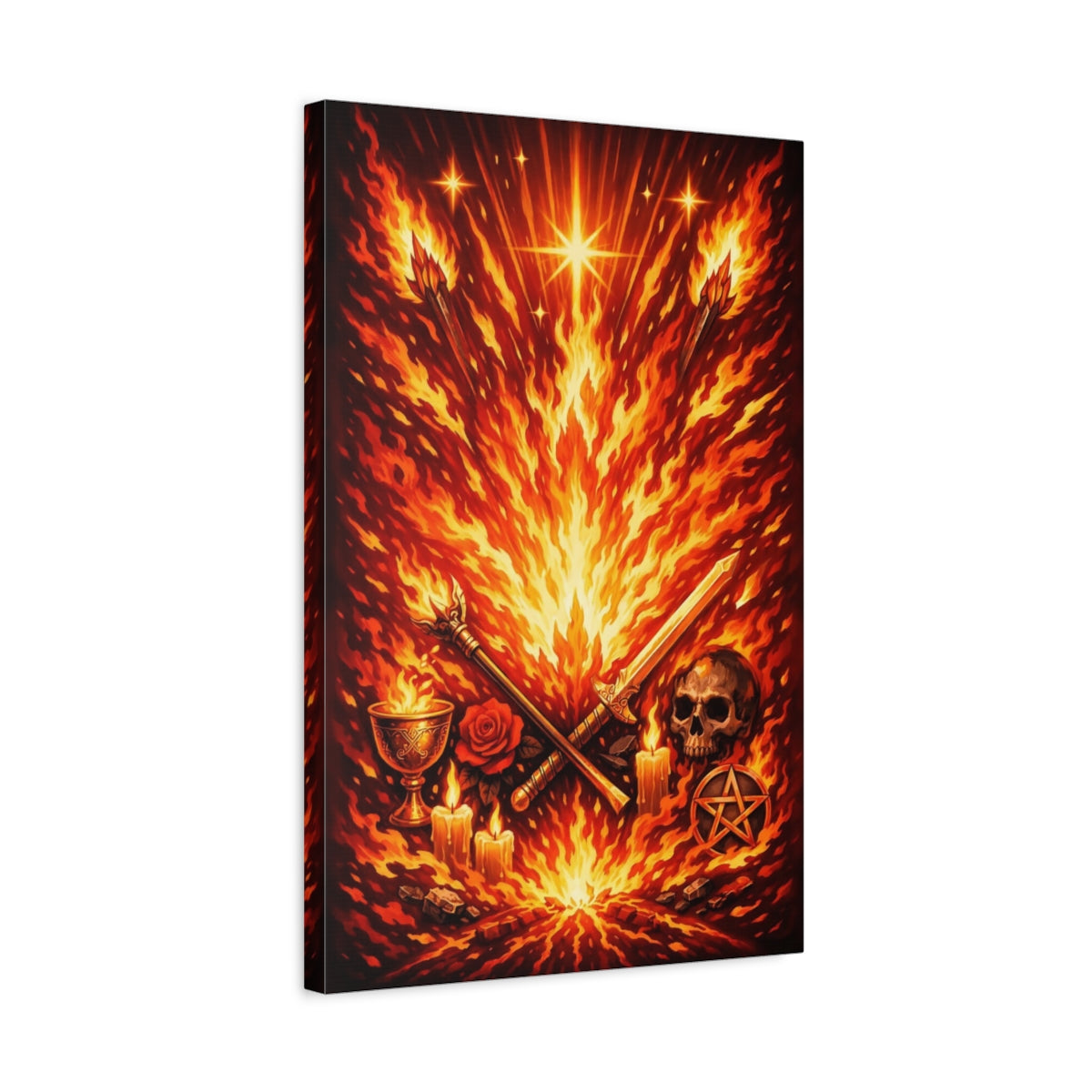 Side Mockup 3. Horror Ritual Fire Red Fire Art shown as stretched canvas wall art