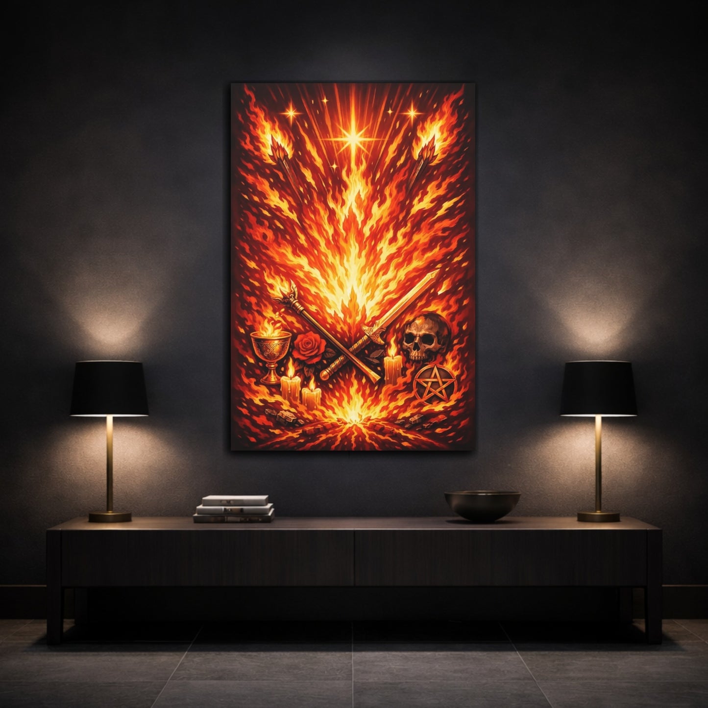 Mockup 2. Horror Ritual Fire Red Fire Art shown as stretched canvas wall art