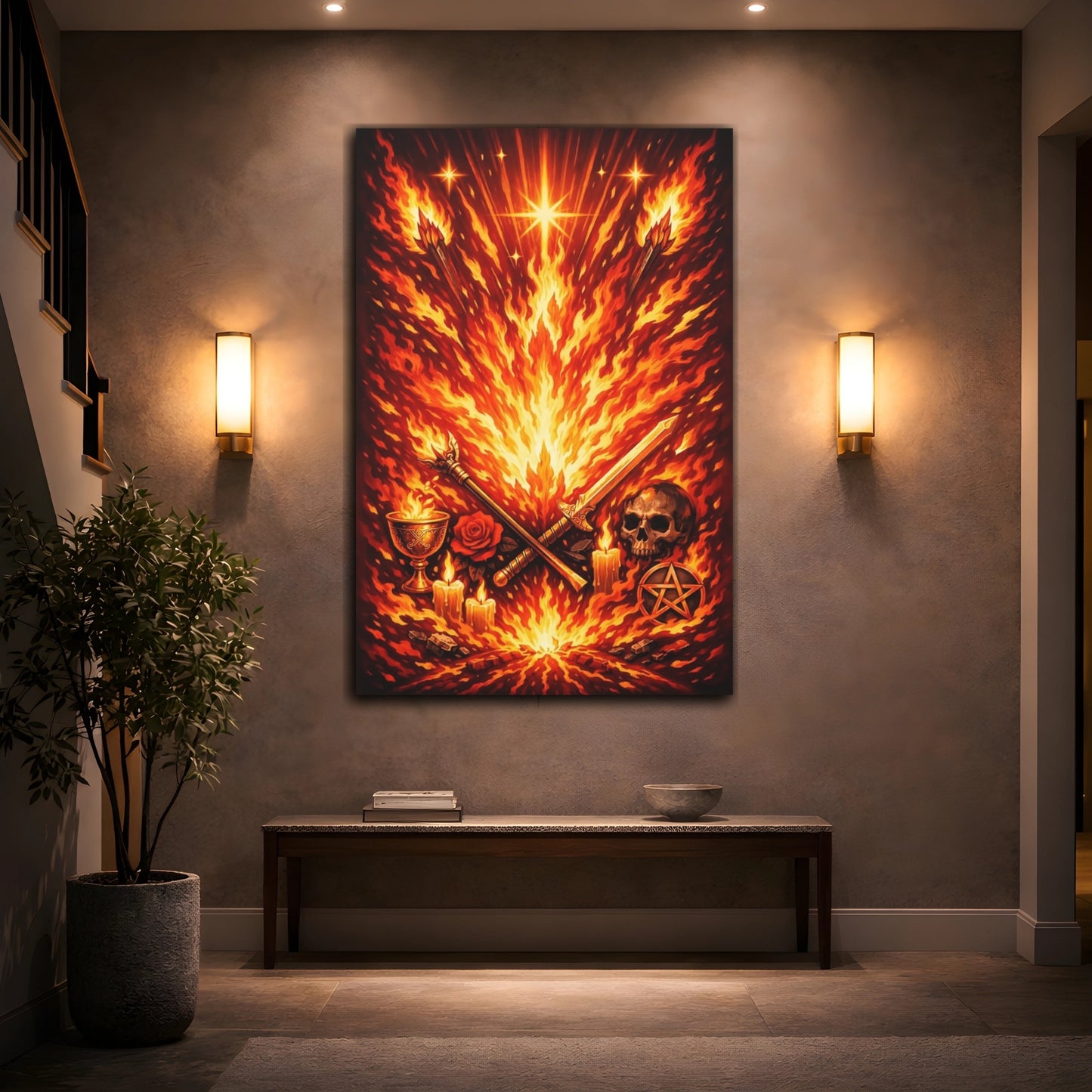Mockup 3. Horror Ritual Fire Red Fire Art shown as stretched canvas wall art
