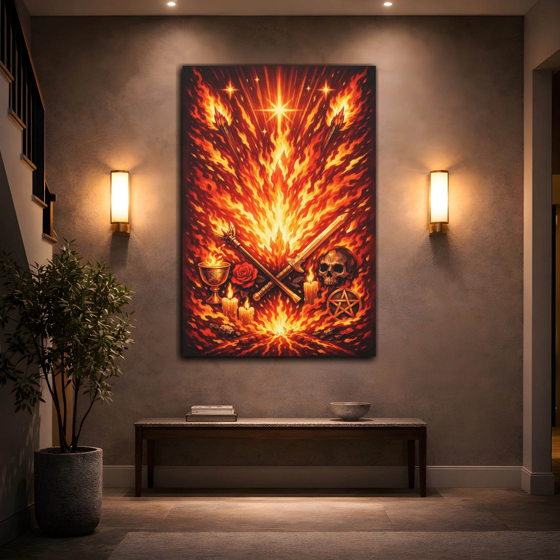 Mockup 3. Horror Ritual Fire Red Fire Art shown as stretched canvas wall art