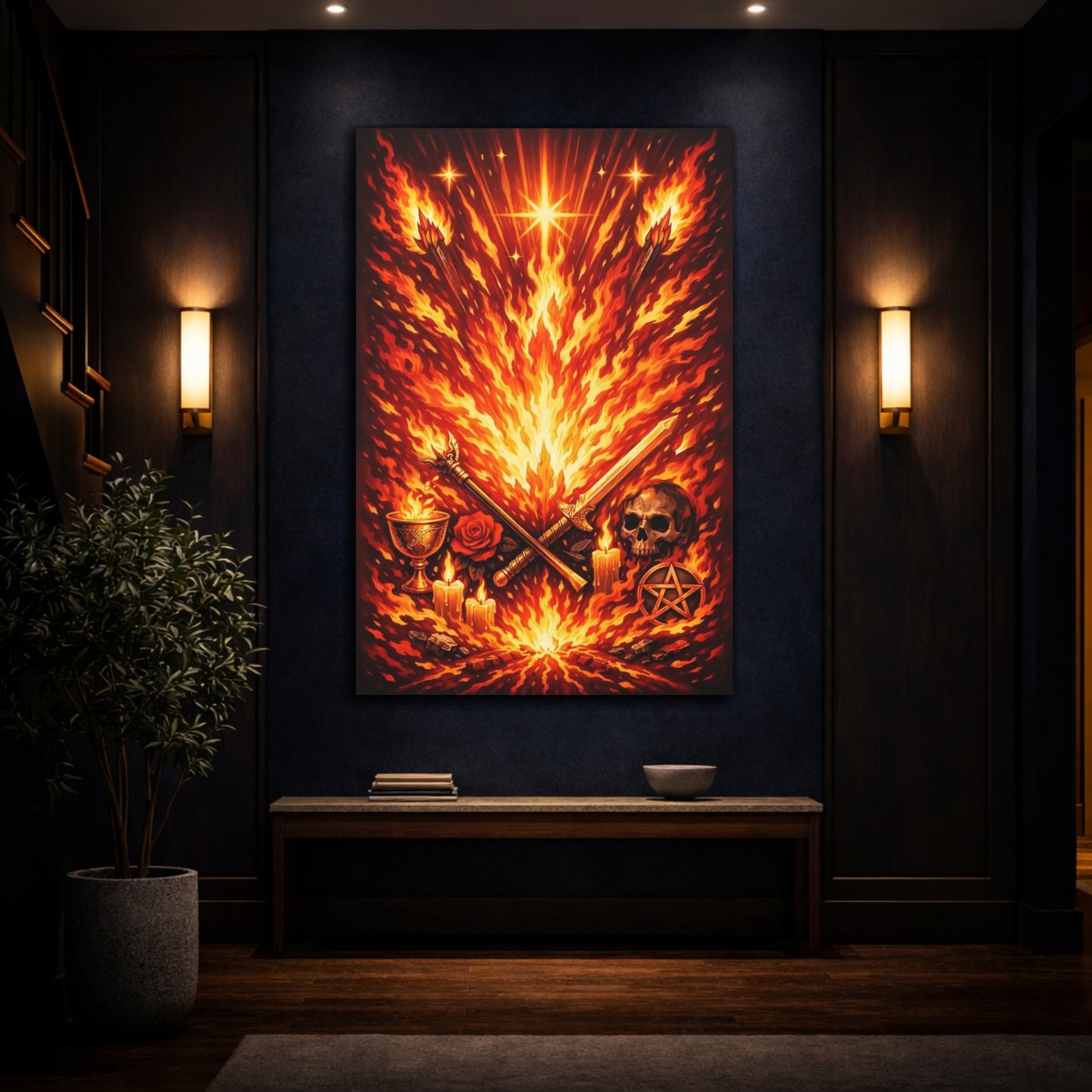 Mockup 4. Horror Ritual Fire Red Fire Art shown as stretched canvas wall art