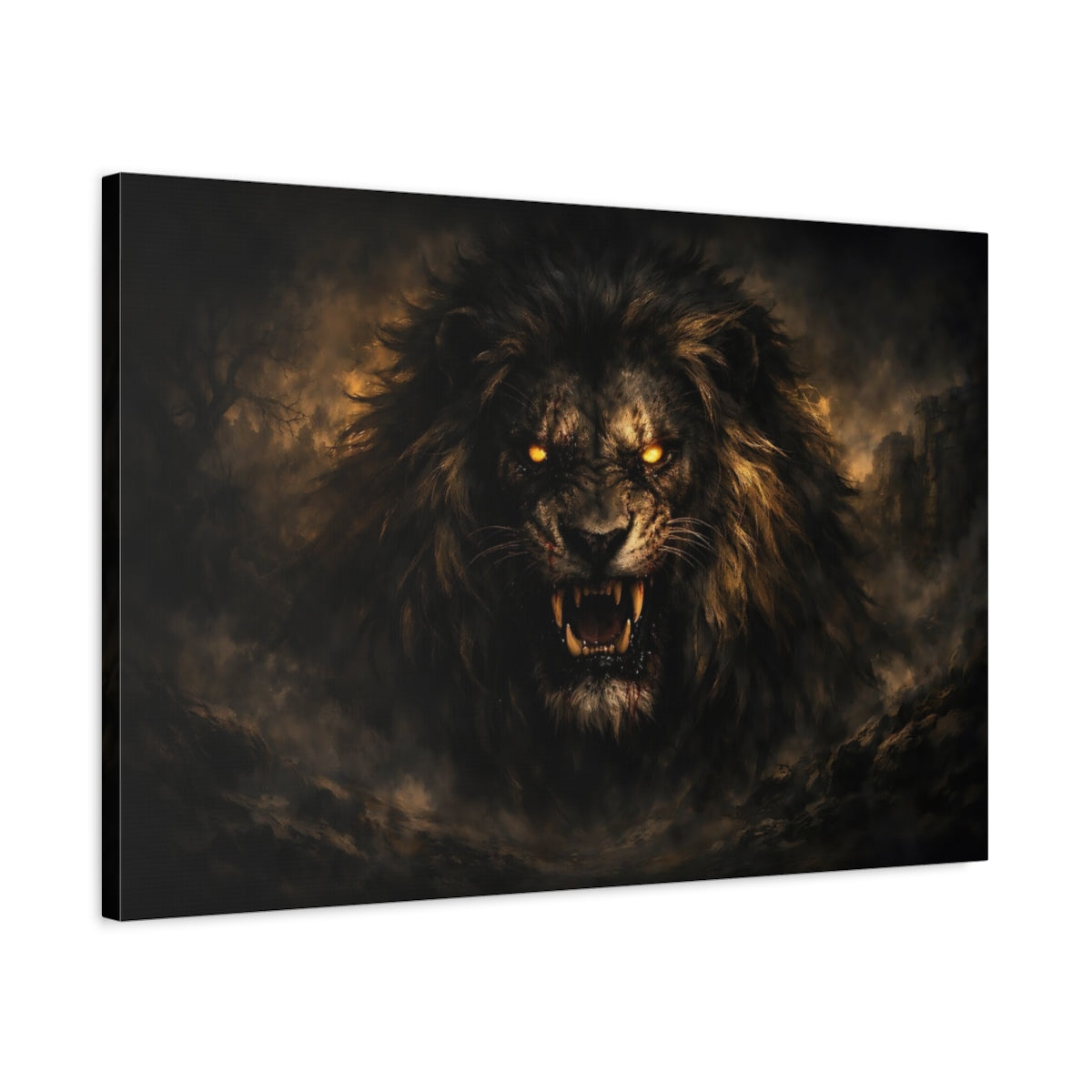 Side Mockup 2. Horror Roaring Lion Dark Lion shown as stretched canvas wall art