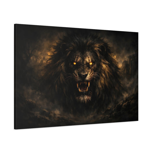 Main Mockup. Horror Roaring Lion Dark Lion shown as stretched canvas wall art