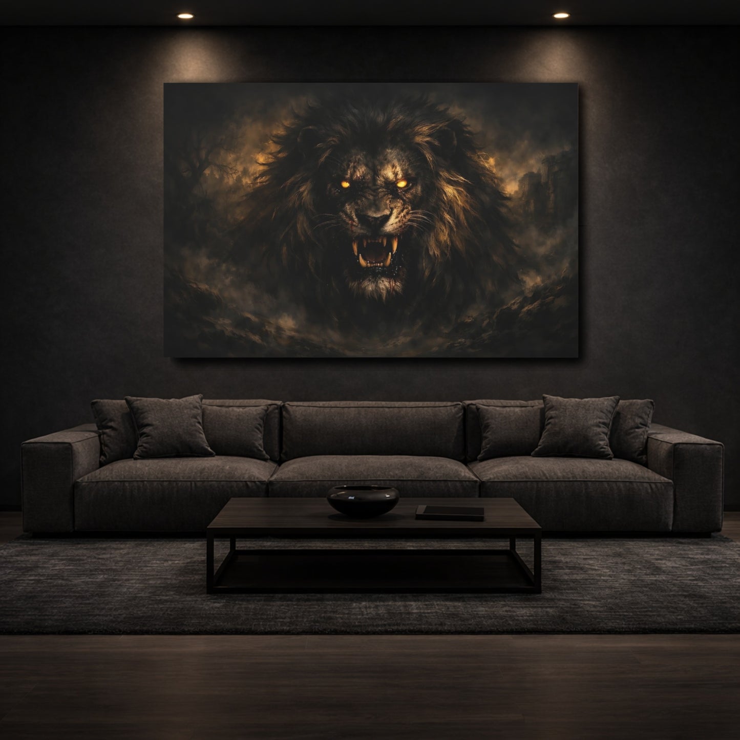 Mockup 2. Horror Roaring Lion Dark Lion shown as stretched canvas wall art
