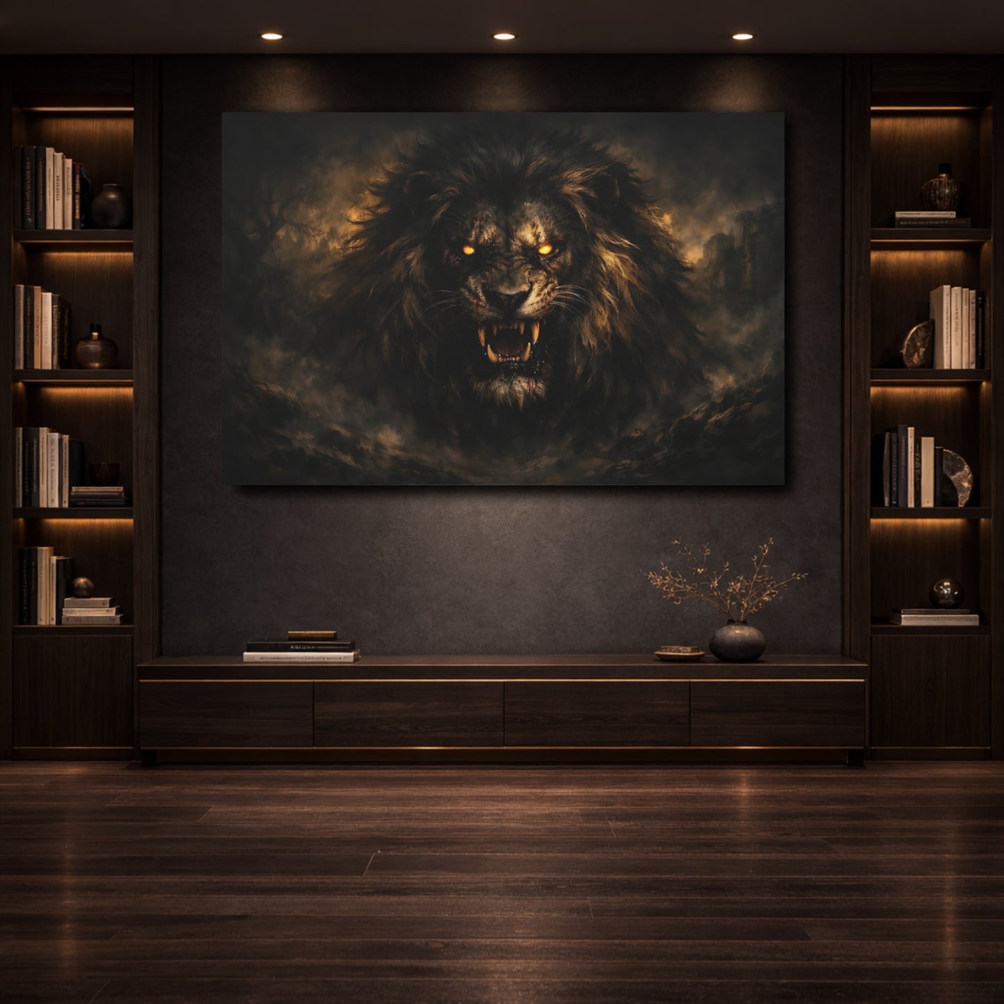 Mockup 3. Horror Roaring Lion Dark Lion shown as stretched canvas wall art