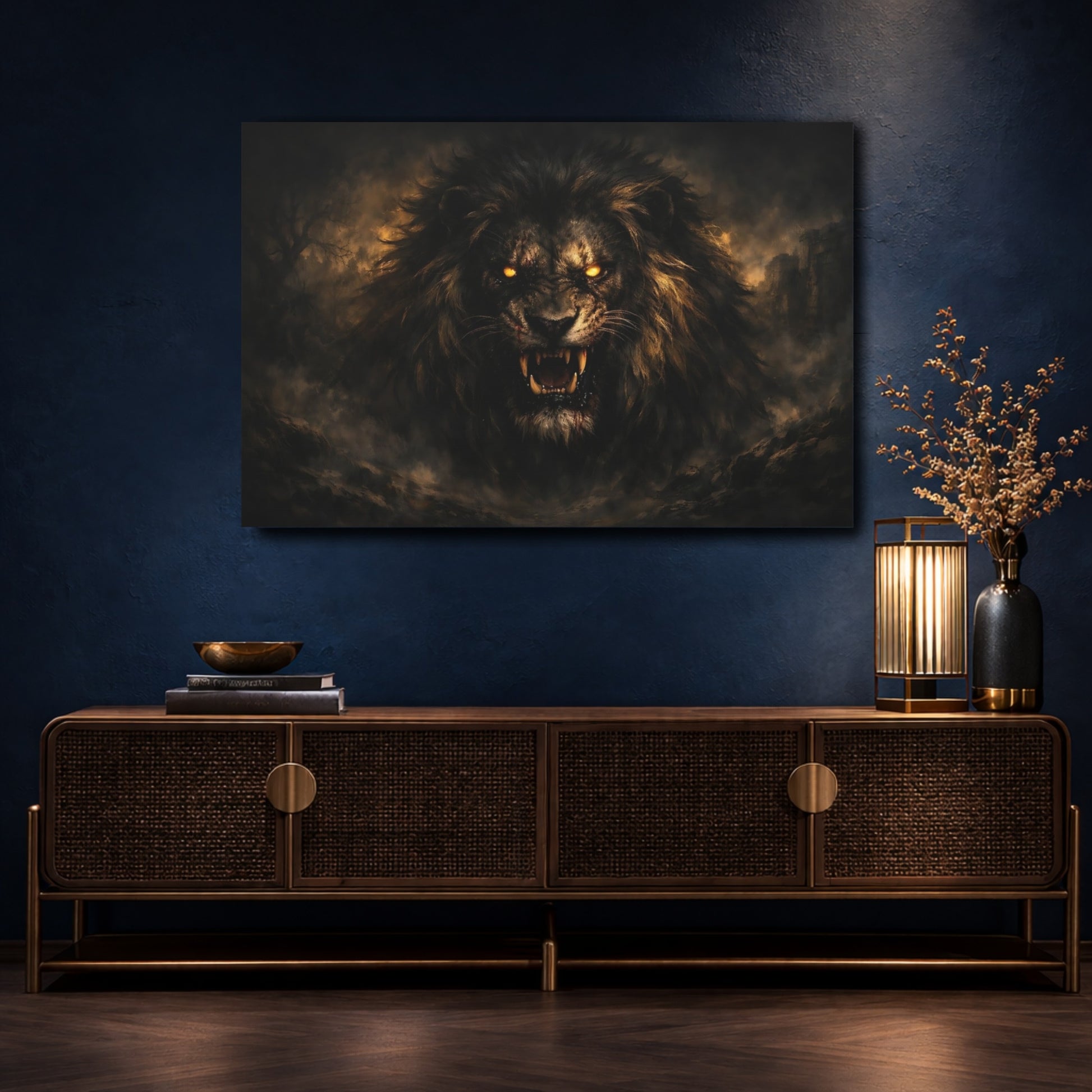 Mockup 4. Horror Roaring Lion Dark Lion shown as stretched canvas wall art