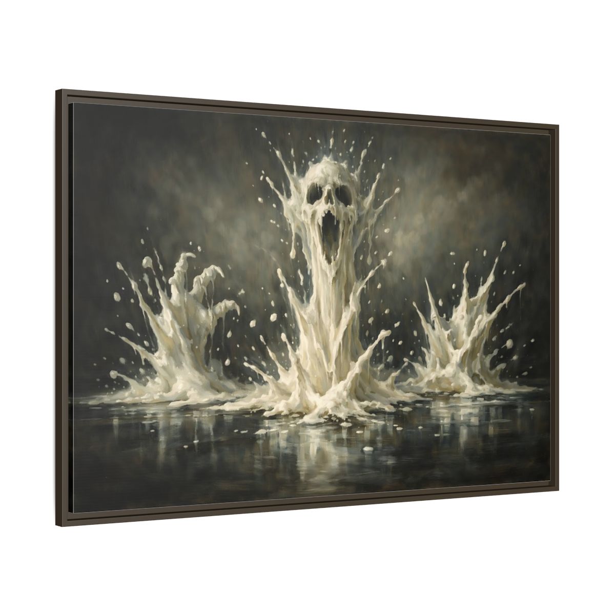 Main Mockup. Horror Screaming Skull White And Black shown as stretched canvas wall art