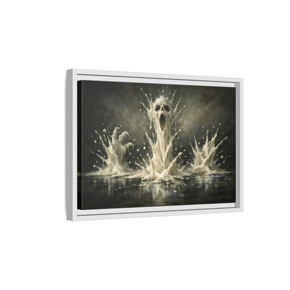 Side Mockup 4. Horror Screaming Skull White And Black shown as stretched canvas wall art