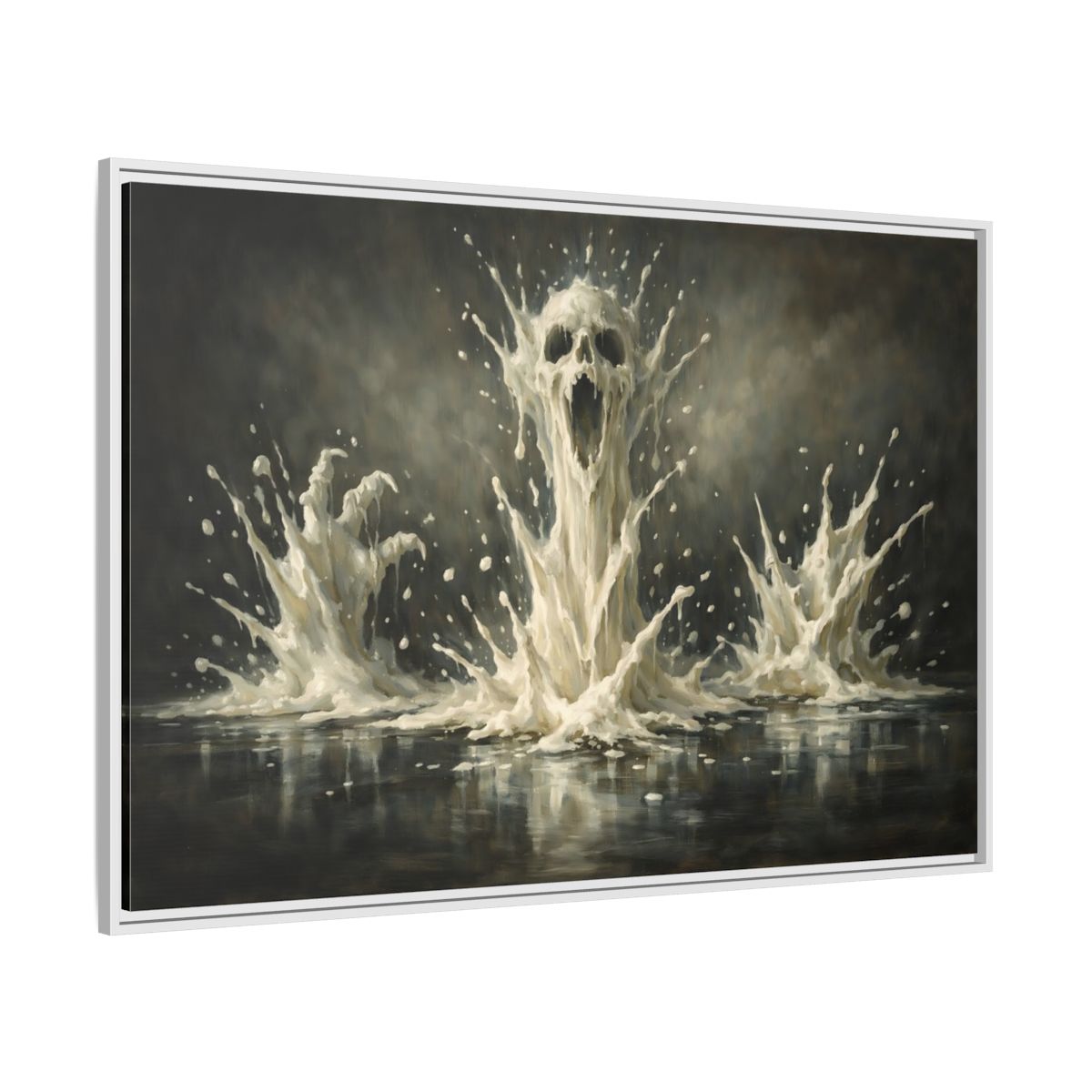 Side Mockup 7. Horror Screaming Skull White And Black shown as stretched canvas wall art