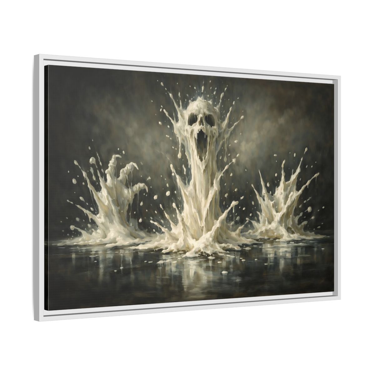 Side Mockup 8. Horror Screaming Skull White And Black shown as stretched canvas wall art