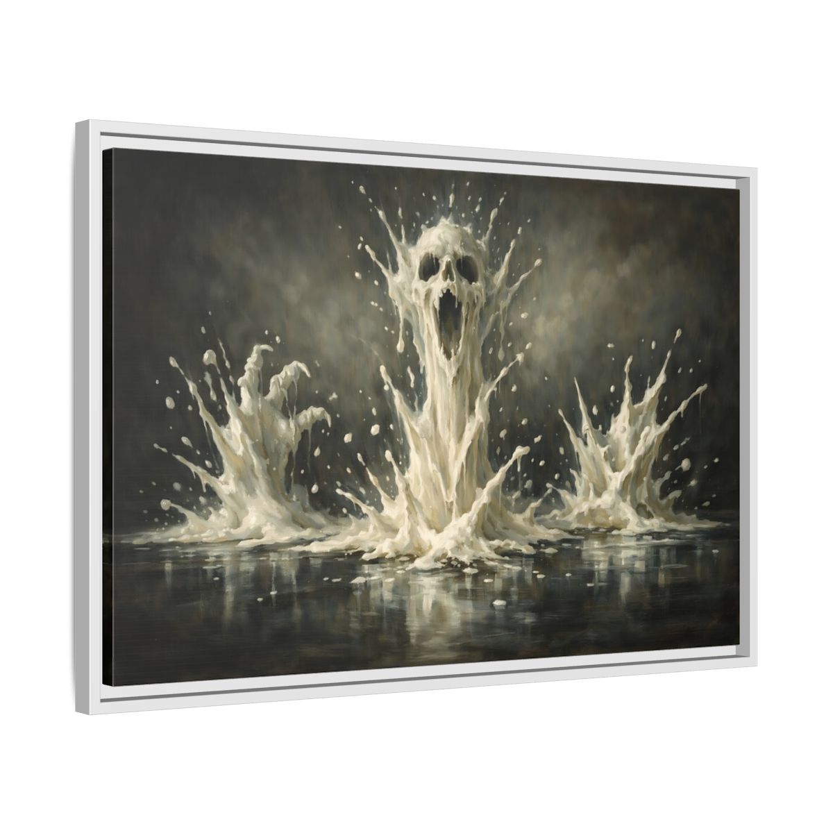 Side Mockup 10. Horror Screaming Skull White And Black shown as stretched canvas wall art