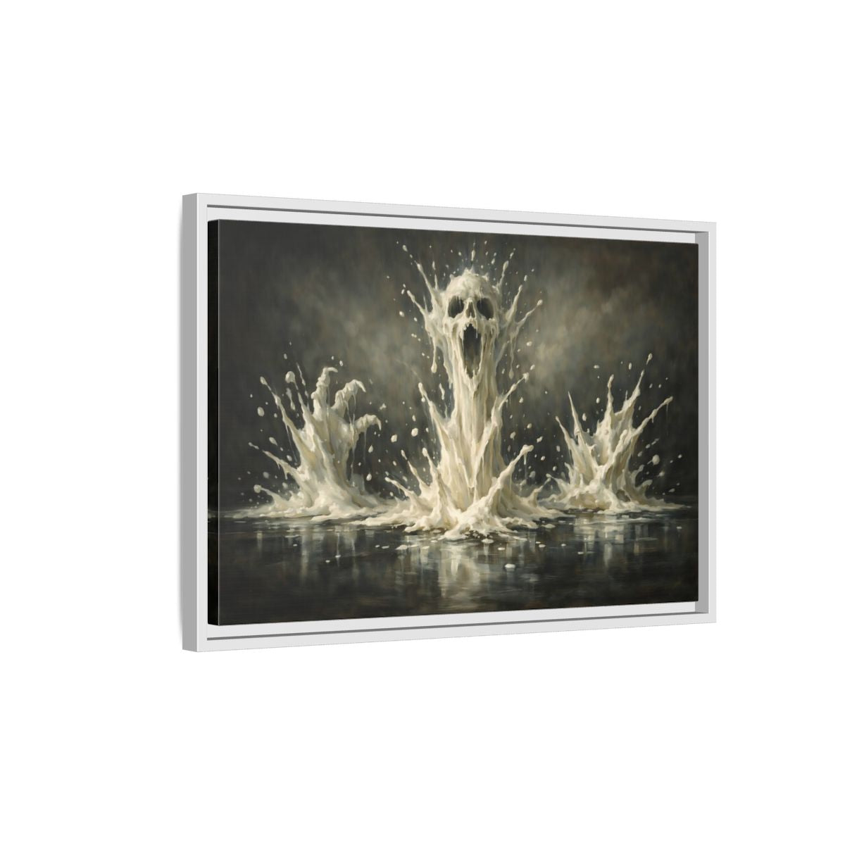 Side Mockup 1. Horror Screaming Skull White And Black shown as stretched canvas wall art