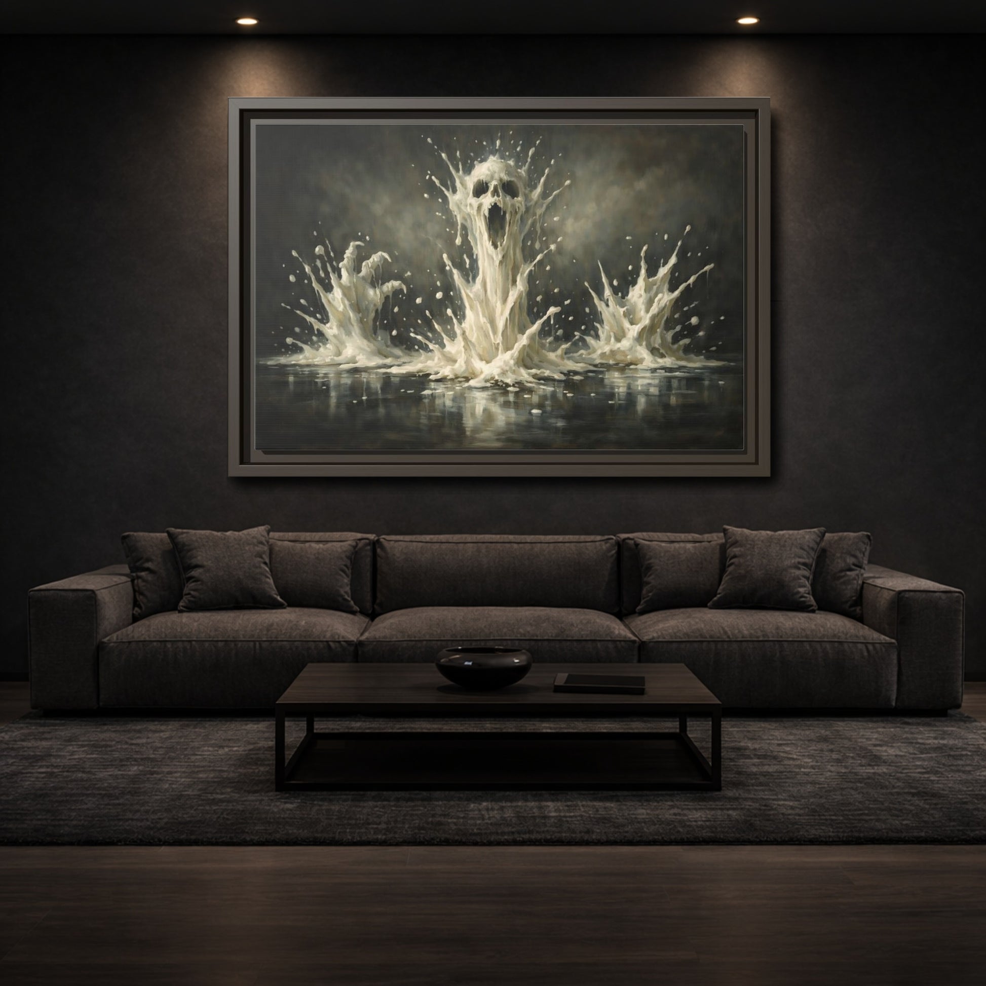 Mockup 2. Horror Screaming Skull White And Black shown as stretched canvas wall art