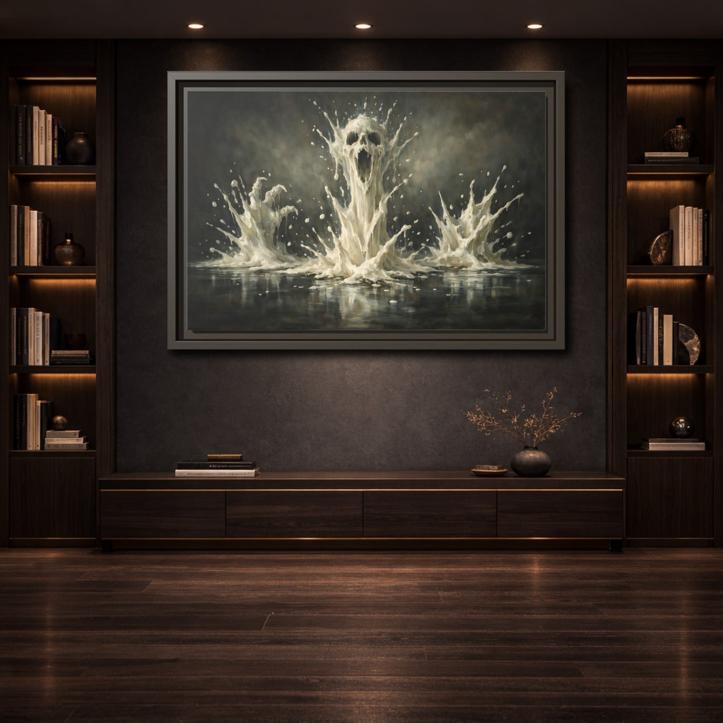 Mockup 3. Horror Screaming Skull White And Black shown as stretched canvas wall art