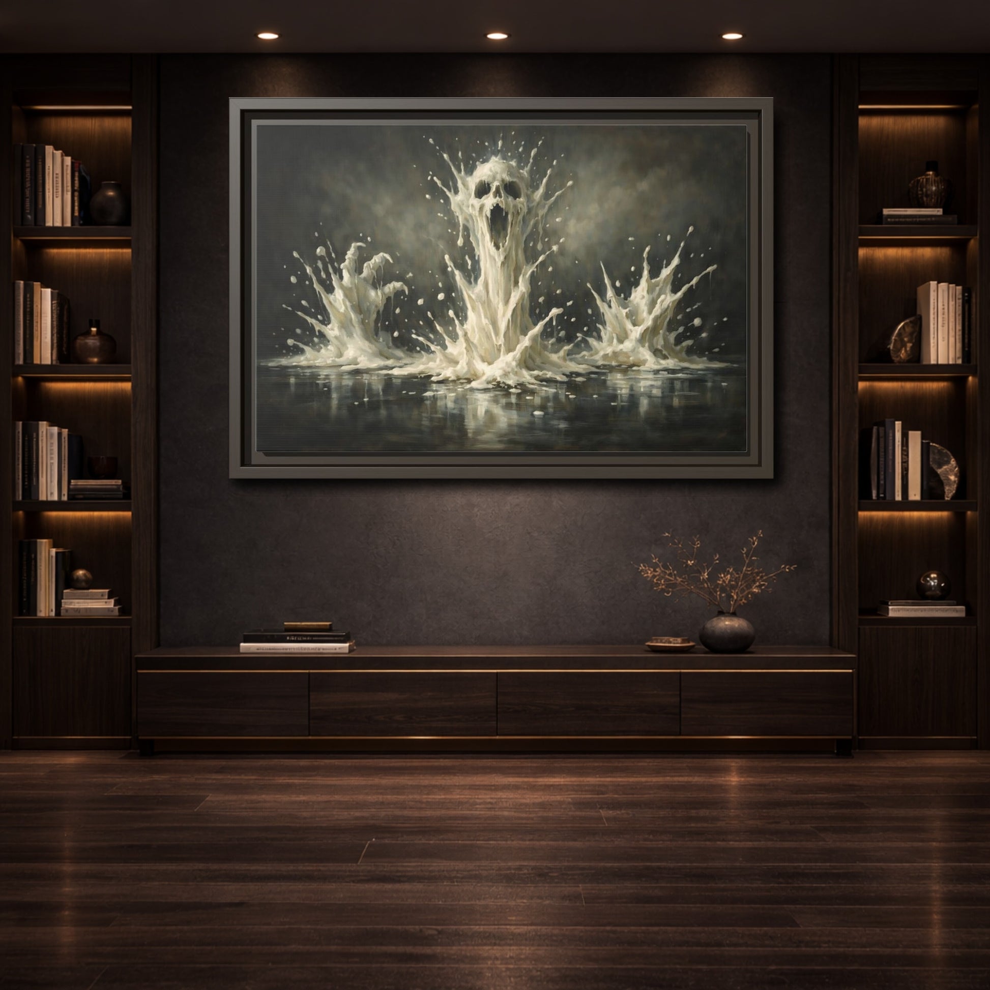 Mockup 3. Horror Screaming Skull White And Black shown as stretched canvas wall art