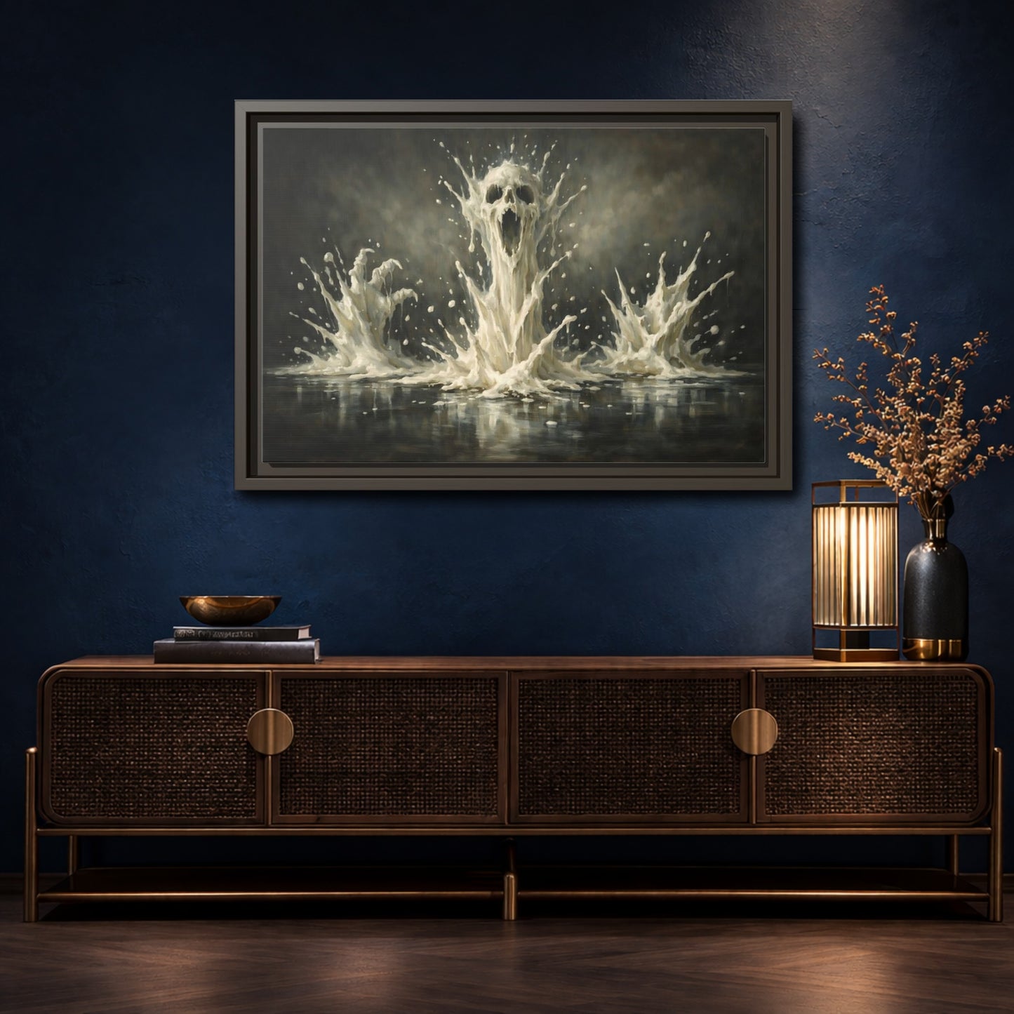 Mockup 4. Horror Screaming Skull White And Black shown as stretched canvas wall art