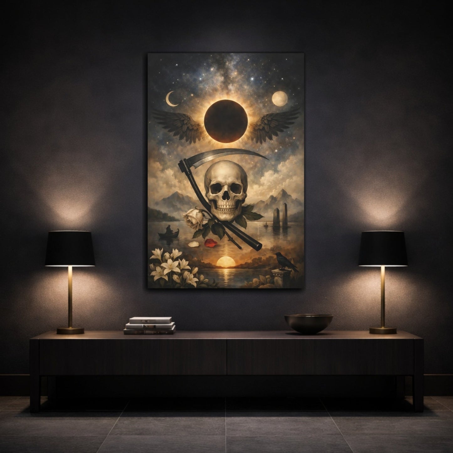 Horror Skull And Scythe Gothic Art - Canvas Wall Art Print - YesArtYes