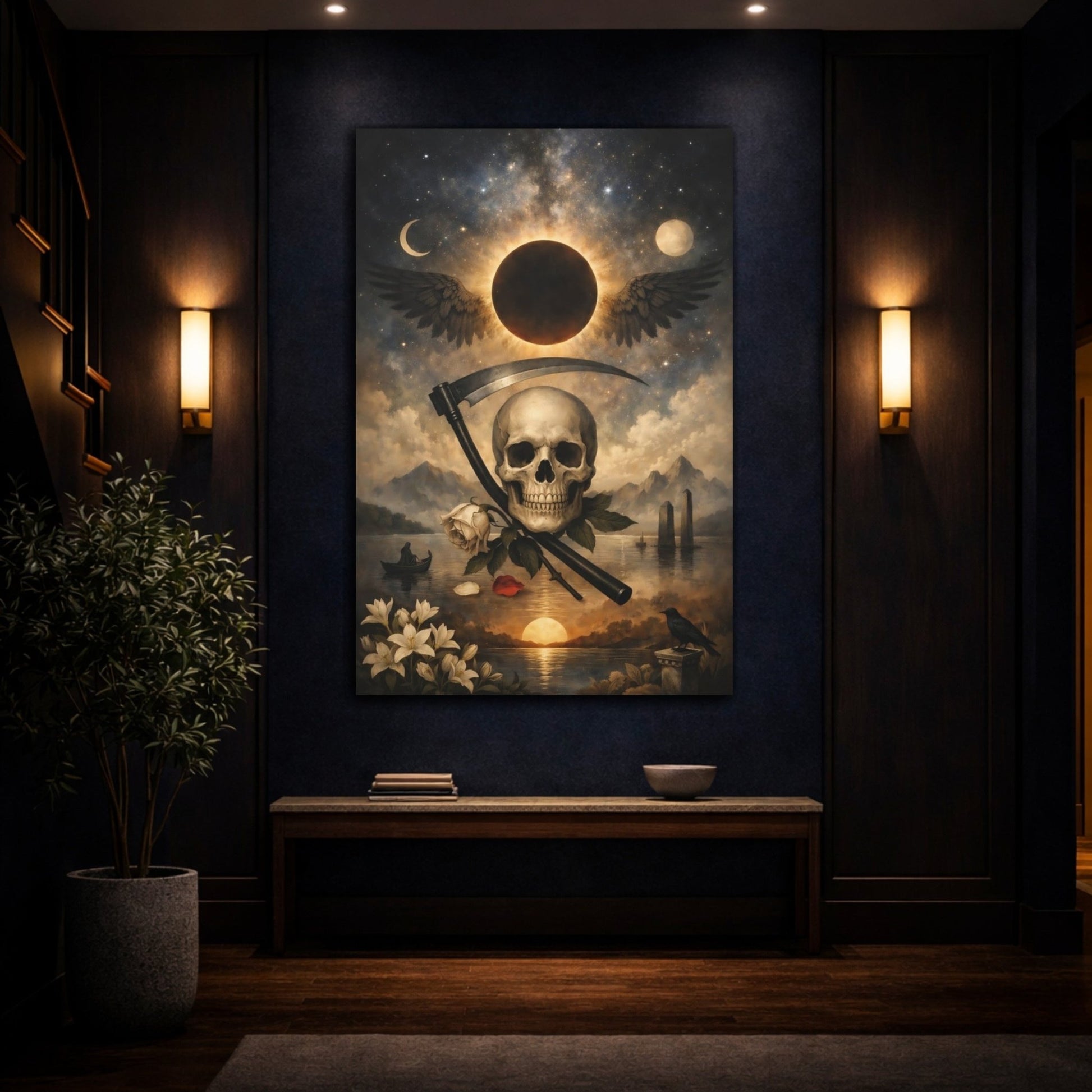 Horror Skull And Scythe Gothic Art - Canvas Wall Art Print - YesArtYes