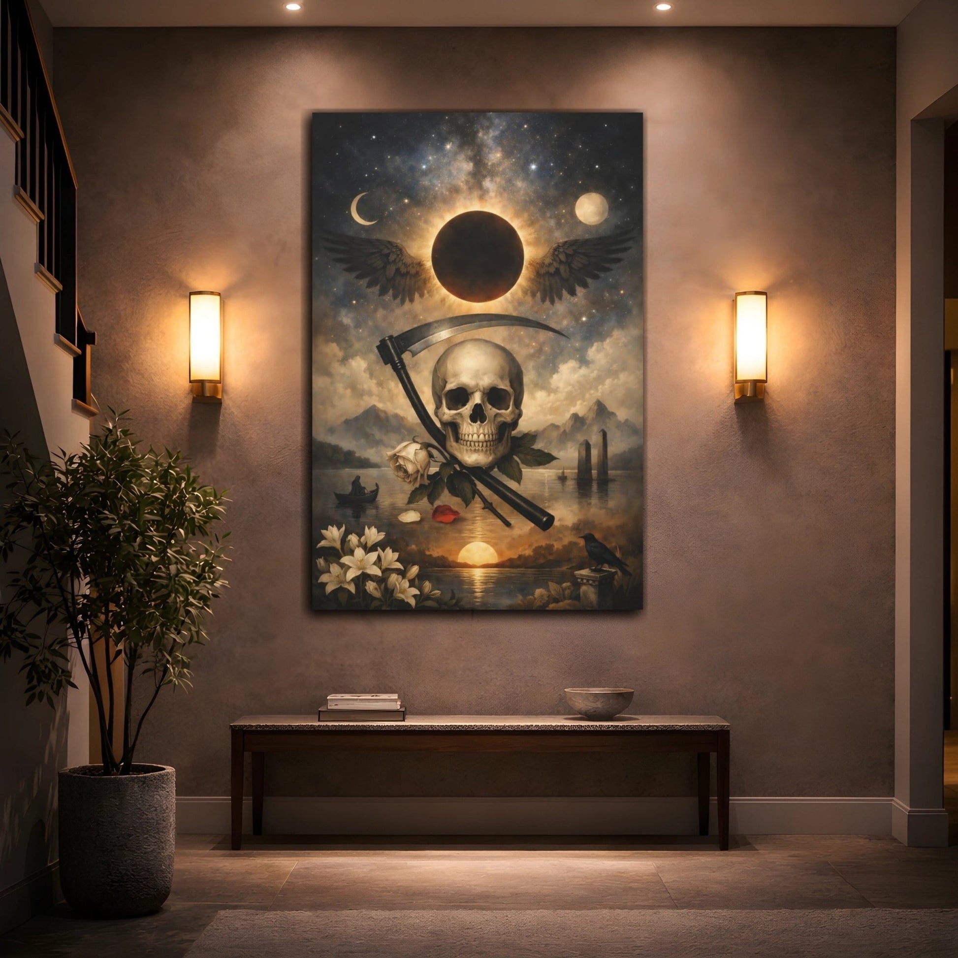Horror Skull And Scythe Gothic Art - Canvas Wall Art Print - YesArtYes