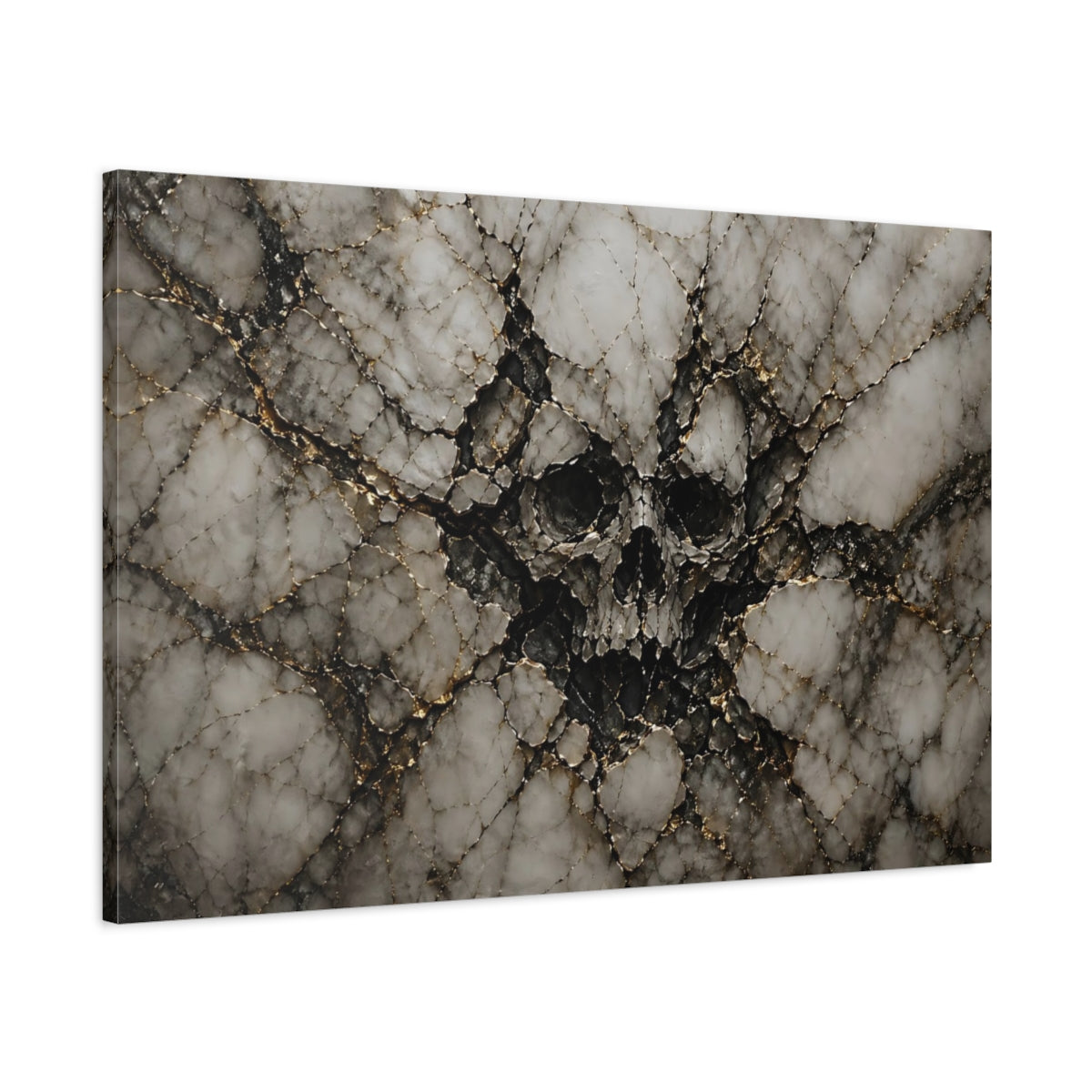 Main Mockup. Horror Skull Black Gold Marble shown as stretched canvas wall art