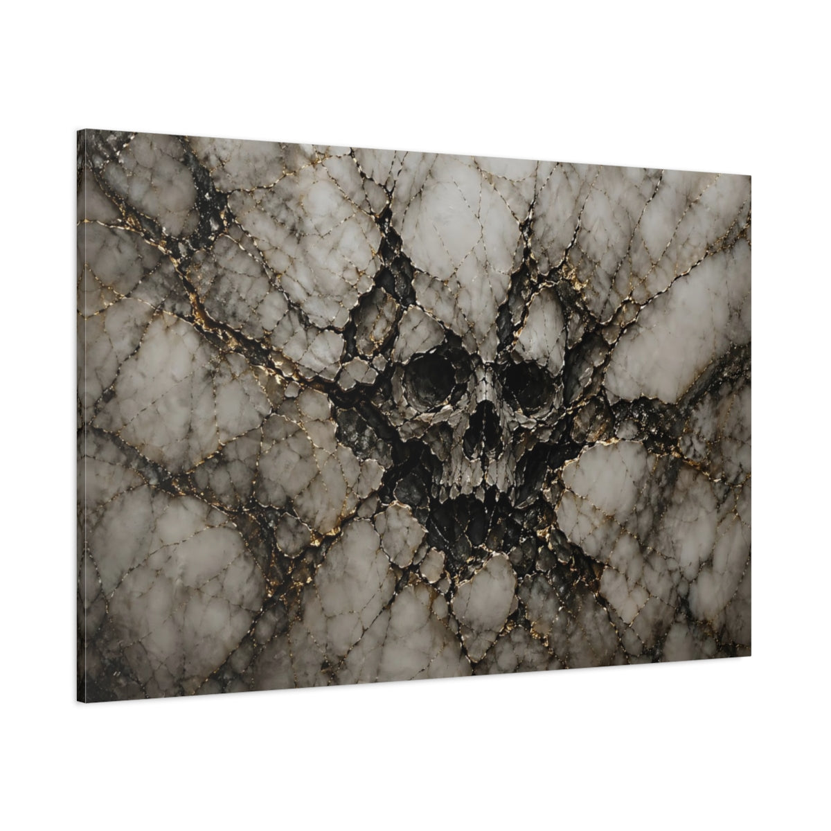 Side Mockup 1. Horror Skull Black Gold Marble shown as stretched canvas wall art